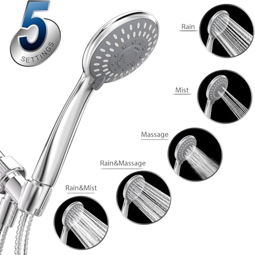 HOPOPRO Handheld Shower Head with High Pressure, 5 Spray & 59" Hose - color: Glossy Silver