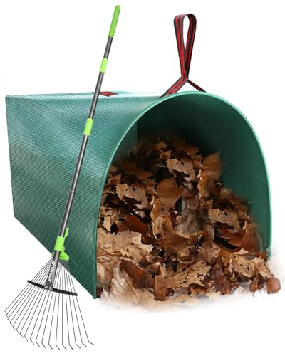 63.4 Inch Adjustable 18 Tines Metal Leaf Rake Set with 40 Gal Dustpan Bags - style: Green Rake Set