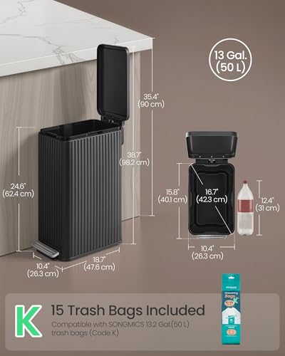 SONGMICS Trash Can, 13 Gallon (50 L) Slim, Stainless Steel, with Lid, Pedal - color: Ink Black, size: 13 Gallon (Slim)