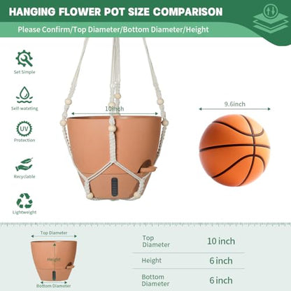 Self-Watering Hanging Planters for Indoor Plants Set 2-Piece Includes Plant Hanging Pot, Drainage-Hole Hanging Pot, and Hanging Basket Rack (Terracotta,10 Inches) - color: Terracotta