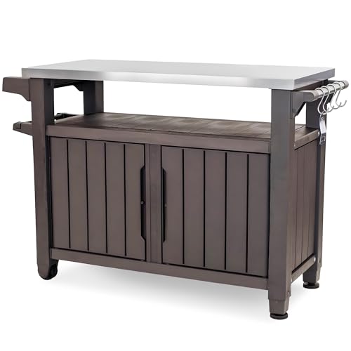 Keter Outdoor Rolling Table Cart for Food Prep, Storage, Dark Brown - color: Brown