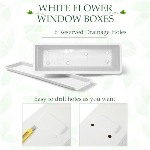 FillTouch 6 Pack Window Flower Box Planter White Rectangle Planter, 23 Inch - size: 23 Inch