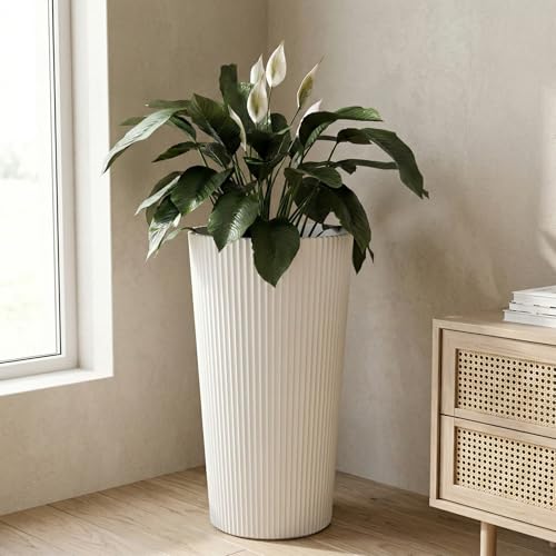 24" Tall Round Planters for Outdoor Plants Fluted Finishes - White - color: White