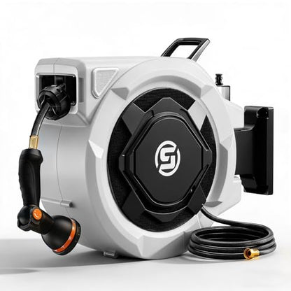SUNPOW Retractable Garden Hose Reel - 1/2" x 100ft Wall Mounted Hose Reel with 3/4'' Brass Fitting & 10-Pattern Nozzle - Auto Slow Retraction, Any-Length Lock, 180°Swivel for Lawn & Gardening - size: 1/2" 100FT