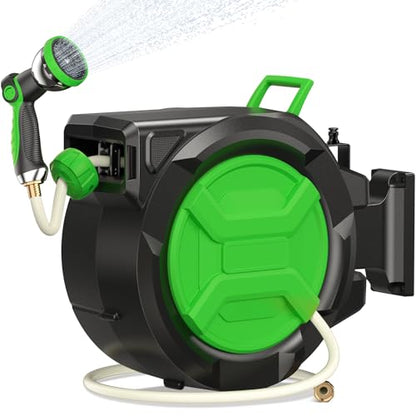 Retractable Garden Hose Reel 1/2" x 100ft, Wall Mounted Water Hose Reel with Auto Rewind, Any Length Lock, 180° Swivel Bracket & 9-Pattern Spray Nozzle, Heavy Duty Outdoor Hose Storage for Garden - color: Green