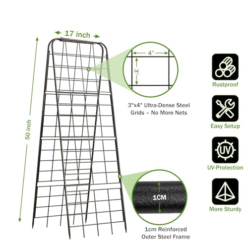Heavy Duty 50"x17" Adjustable A-Frame Trellis for Climbing Plants – Rust-Proof Metal Garden Trellis with Dense Grid Design, Perfect for Raised Beds, Tomatoes, Cucumbers & Outdoor Vines (Black, 2 Pcs) - color: Black, size: 2 Pcs