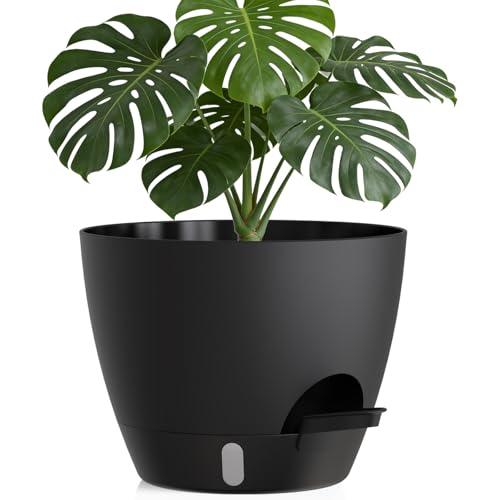Plant Pots, 1 Pack 12 Inch Self Watering Pots with Drainage Holes, Water Level Indicator Deep Reservoir, Large Planters for Indoor Outdoor Plants - Black - color: Black, size: 12 in 1pcs