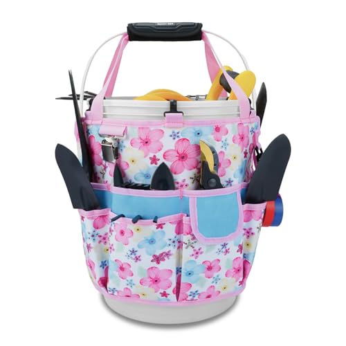 KUNN Gardening Gift for Women Men 5 Gallon Bucket Tool Organizer with 18 Pockets, Heavy-Duty Bucket Buddy Caddy Bag, Garden Tools Organizer Storage with Comfort Grip Handle Pad Attachment,Pink - color: Pink Blossom