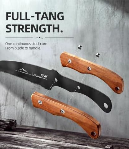 S53 Curved Pruning Saw, 10-Inch SK85 Steel Hand Saw with Triple-Ground Teeth, Rosewood Handle, Protective Leather Sheath and Fire Starter for Tree Trimming, Camping, Gardening, Bushcraft