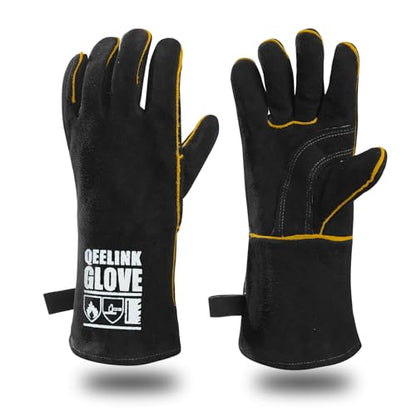 QeeLink Welding Gloves for Men - Fireproof Leather and Stitching - color: Black