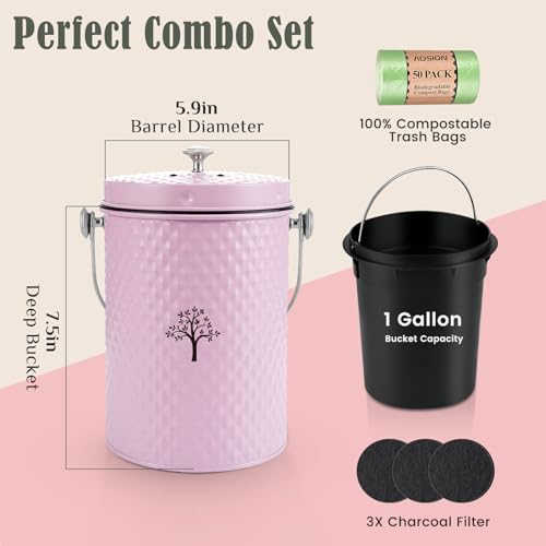 AOSION Countertop Compost Bin, Odor-Free Food Waste Container with 50 Bags - color: Pink