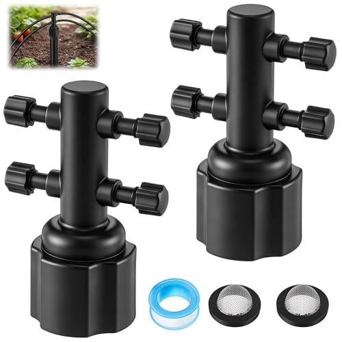 2 Pack 1/4" Drip Irrigation Manifold, 4 Port Sprinkler Adapter for 1/2" Sprinkler Riser, Built-in Filter for Stable Water Flow, Drip Irrigation Parts for Lawn & Garden Watering Systems