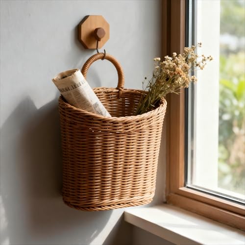 Woven Hanging Wicker Basket for Front Door, Handmade Rattan Hanging Wall Baskets for Garden Farmhouse Home