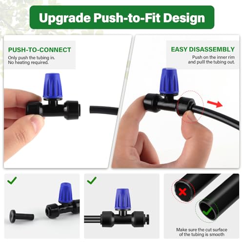 Kalolary 30Pcs Push-to-Fit Drip Irrigation Spray Emitters for 1/4" Tubing - size: 1/4” Push-to-Connect Tee- Misting- 30P Blue