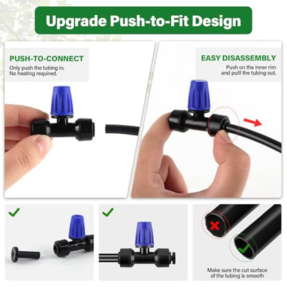 Kalolary 30Pcs Push-to-Fit Drip Irrigation Spray Emitters for 1/4" Tubing - size: 1/4” Push-to-Connect Tee- Misting- 30P Blue