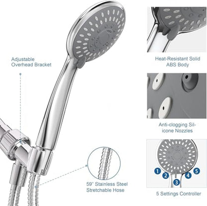HOPOPRO Handheld Shower Head with High Pressure, 5 Spray & 59" Hose - color: Glossy Silver