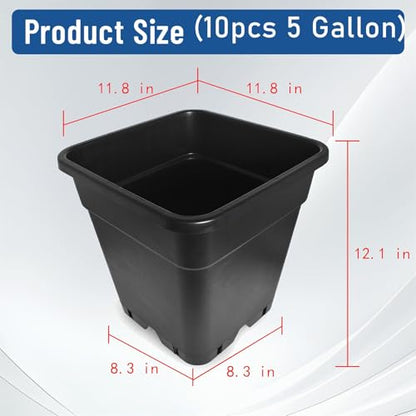 WFLNHB 5 Gallon Square Pot Square Plastic Plant Pots 10 Pcs Nursery Pot - color: Black, size: 5 Gallon-10 Pcs