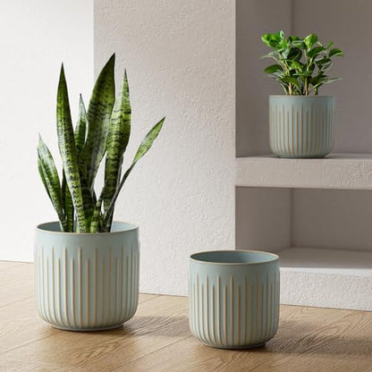 LE TAUCI Ceramic Pots for Plants, 8.3/7/6 Inch Indoor Planters with Drainage Holes & Mesh, Modern Glossy Glaze Cylinder Fluted Plant Pot for Snake Plant, Set of 3, Mist Gray - color: Mist Gray