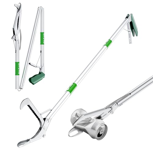 50" Foldable Grabber Reacher Tool with Green Handle, Extra Long Lightweight Trash Pickup & Litter Picker, 3-Fold Stainless-Steel Reaching Aid for Home, Office & Garden Use