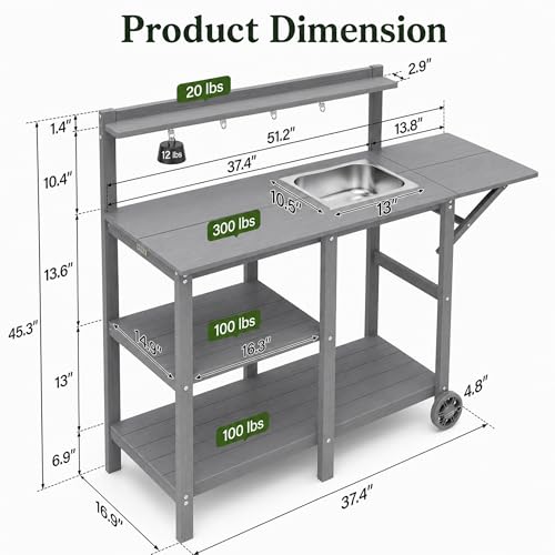 YEFU Potting Bench with Sink, All-Weather Resistant,Grey - color: Gray, size: Premium
