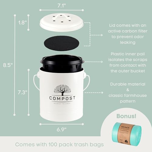 Perfnique Kitchen Compost Bin, 1.3 Gallon Countertop Compost Bin with Lid, Indoor Compost Bucket Includes Inner Bucket Liner and Carbon Filter, Small Compost Bin with Trash Bags (with Bags, Cream) - color: cream, style: with bags