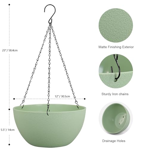 Meowell 12 inch Large Hanging Planters Plant Pots for Indoor Outdoor Plants, 2 Pack Hanging Flower Pots with Drainage Holes and Chain for Garden Porch, Plastic Hanging Baskets for House Plants, Green - color: Green, size: 12inch 2pcs