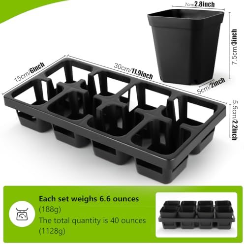 8 Cell Nursery Pots Trays 6 Pack (12" x 6"), 3 inch Square Plastic Nursery Pots 48 Pcs, Durable Carrying Seed Starter Tray, Planting Trays for Holding Small Seedling Pots with Drain Holes (Black) - color: Black, size: 48 Pots + 6 Trays