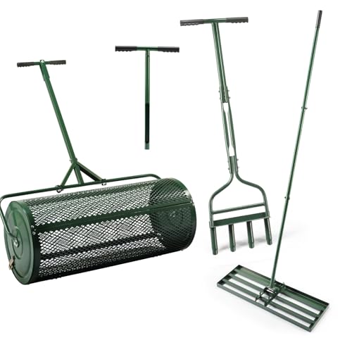 4Pcs Lawn Care Tool Kit -16”WX24”L Compost and Peat Moss Spreader, 20" Soil Sampler Probe,10”WX42”L Hollow Tine Lawn Aerator,10”DX30”LX75”H Leveling Rake, 4-Step Lawn & Garden Care System