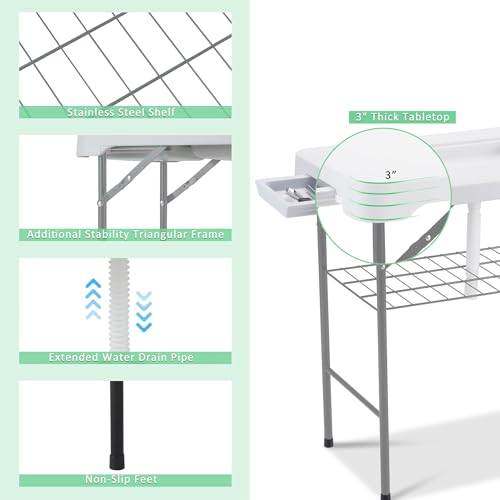 Dragosum 42" Outdoor Fish Cleaning Table with Double Sinks & 6pc Kit (Grey) - color: White & Grey, size: without Grill Extension Board