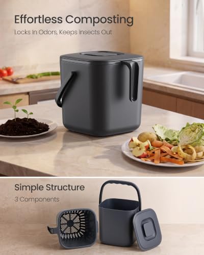 SONGMICS Compost Bin for Kitchen Counter, Plastic, 1-Gallon (4 L) - color: Dark Gray, size: 1 gallons (4L)