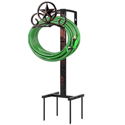 Garden Hose Holder Stand, Decorative Vintage Rustic Hose Rack with Star Design, Heavy Duty 41" Tall Metal Hose Storage for Yard/Lawn/Farm, Freestanding Hose Holder Holds up to 160Ft Hose