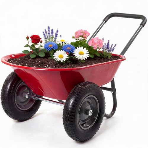 600 Lbs Garden Wheelbarrow with All Terrain 2 Wheel Wagon Cart Steel Frame - color: Red