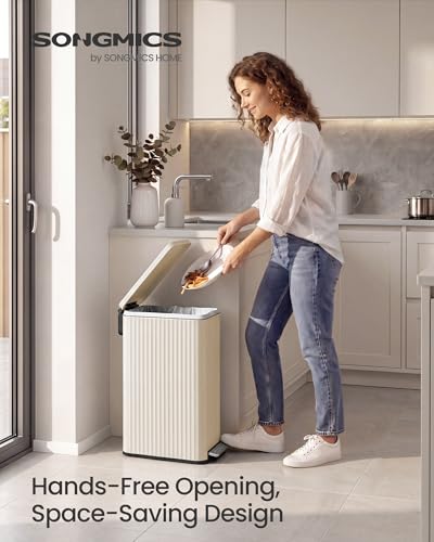 SONGMICS Trash Can, 13 Gallon (50 L) Slim, Stainless Steel, with Lid, Pedal - color: Cream White, size: 13 Gallon (Slim)