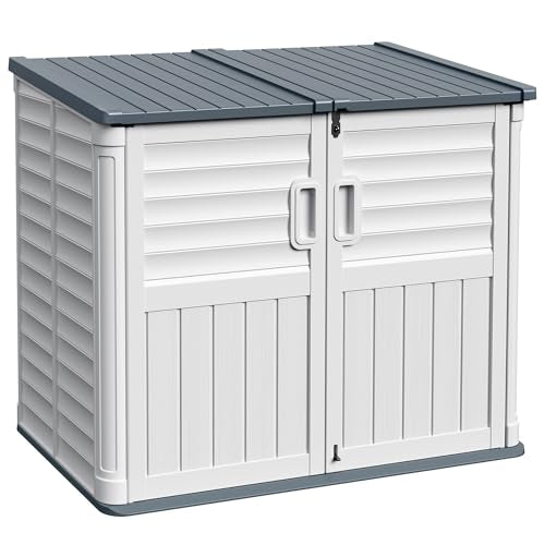 Devoko Resin Outdoor Storage Shed, 34 Cu Ft Outdoor Storage Cabinet with Shelf, Waterproof, Double Locks, Resin Storage for Trash Can, Garden Tools, Pool Supplies (Beige) - color: Beige, size: Storage shed with shelves