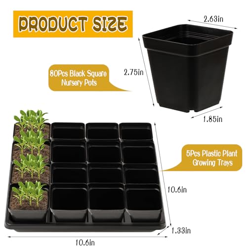 CIEOVO 2.4 inch 80 Pcs Square Nursery Pots with Drain Holes and 5 Pcs Plastic Plant Growing Trays, Seed Starter Kit Propagation Tray Seed Starting Pots for Seedling Plant Growing