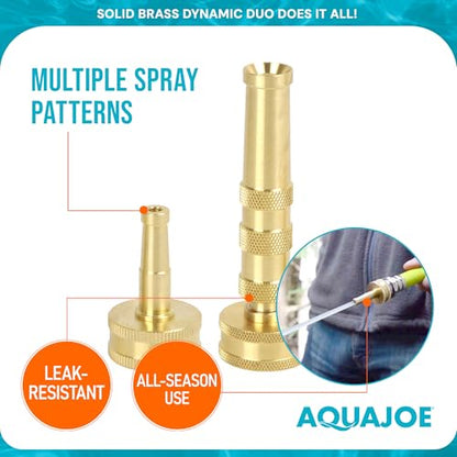 Aqua Joe Solid Brass Hose Nozzle Set - High Pressure Jet Sweeper + Twist Spray Nozzle, 2-in-1 Garden Hose Attachments, Compatible with Standard 3/4 in Hoses
