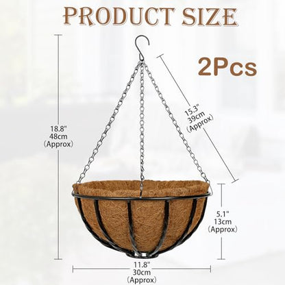 12 Inch Metal Hanging Basket with Coco Coir Liner for Flowers Planting - size: Twisted Bar 12" & 2 Pcs
