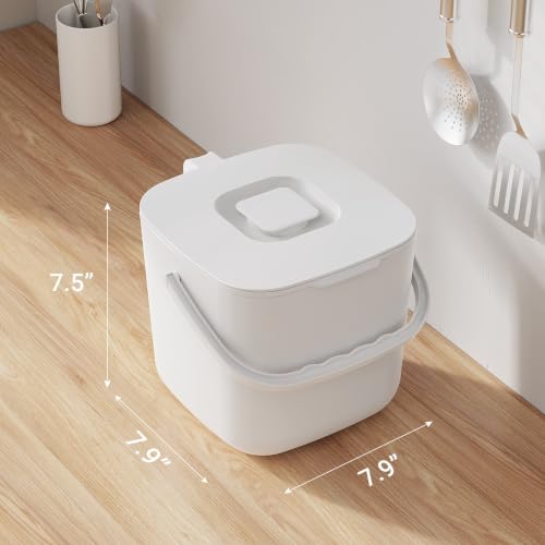 5.4L Kitchen Food Waste Bin with Lid & Handles, Indoor Compost Bucket Includes Inner Bucket Liner, White - color: White