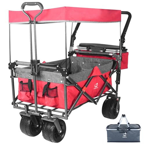 Foldable Wagon with Removable Canopy & Cooler Bag - Heavy Duty Collapsible Wagon Utility Cart with 4" All-Terrain Wheels for Camping, Beach, Garden - color: Red