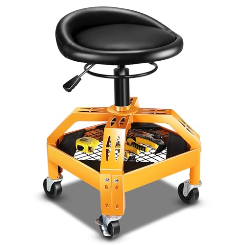DNA Motoring Rolling Padded Seat Adjustable Height Seat 330lbs Capacity Rolling Mechanic Creeper Stool, W/Tool Storage Drawer & Tray, Black/Yellow,TOOLS-00599 - style: Grid Tray Yellow