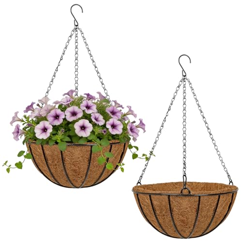 12 Inch Metal Hanging Basket with Coco Coir Liner for Flowers Planting - size: 12" & 2 Pcs