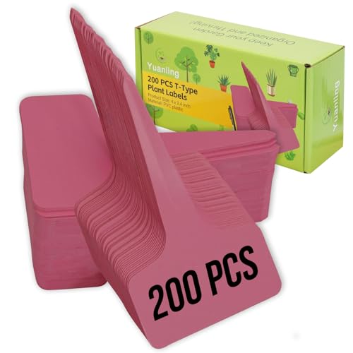 Plant Labels 200 Pcs Yuanling T-Type Plastic Garden Tags Waterproof Plant Sign Stakes Nursery Garden Makers for Seedlings Flower Vegetables Herb Potted Belt Permanet Marker Pen (Red) - color: Red