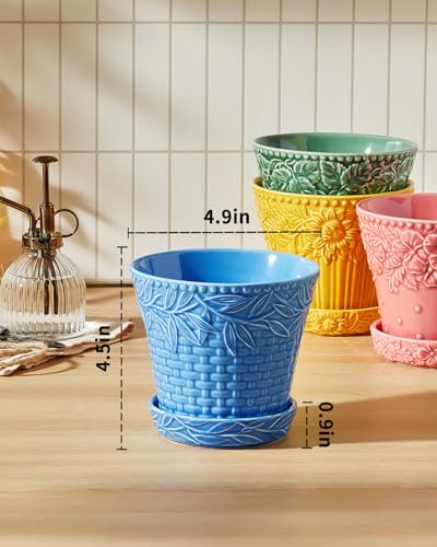 Metahom Colorful Ceramic Pots for Plants, 4.9 Inch Flower Pots Set of 4 - color: Assorted Colors, size: 4.9 Inch