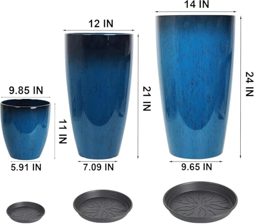 24,21,11 Inch Large Plastic Planters with Drainage Hole and Saucer - Set of 3 Tall Plant Pots Indoor Flower Pot Tall Round Planters Outdoor Large Tall Planter - color: Sky Blue