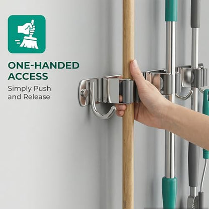 CUXIXA Mop and Broom Holder Wall Mount for Kitchen Garden Laundry Garage - color: Silver, size: 3 Racks with 4 Hooks