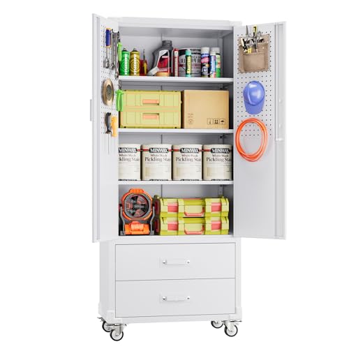 Aobabo Upgraded Metal Garage Storage Cabinet with Wheels and 2 Drawers, Lockable Rolling Tools Cabinet with Pegboards and Hooks,Assembly Required,White - color: White, size: 15"D x 30"W x 71"H-2 Drawers