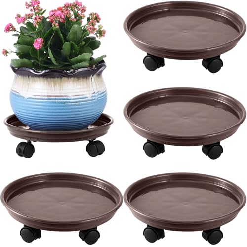 4 Packs Plant Caddy with Wheels 11.8" Plastic Rolling Plant Stands Heavy-Duty Plant Dolly with Casters Indoor Outdoor Plant Roller Base Large Saucer Tray Mover Coaster, Brown - color: Brown, size: 11.8" - 4 packs