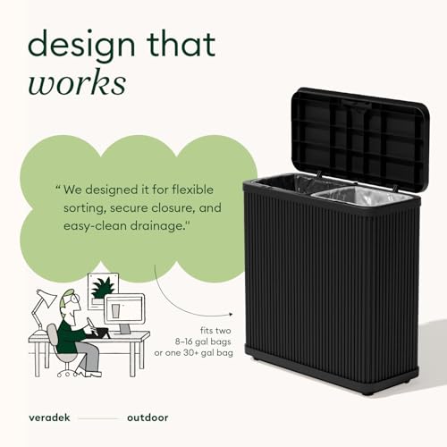 Veradek Tambour Waste Bin - Outdoor Trash Can with Dual Bag System - color: Black, size: 25" L x 11.75" W x 26.5" H