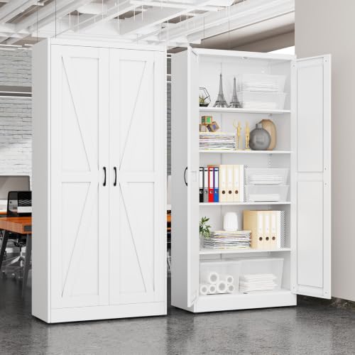 erosoei 71" H Metal Garage Storage Cabinet, Black Metal Pantry Cabinet with 2 Doors, Locker Steel Cabinet with 4 Adjustable Shelves, Freestanding Cupboard for Garage,Office,Home,Gym,School - color: White, size: 71" NCasNLck-M