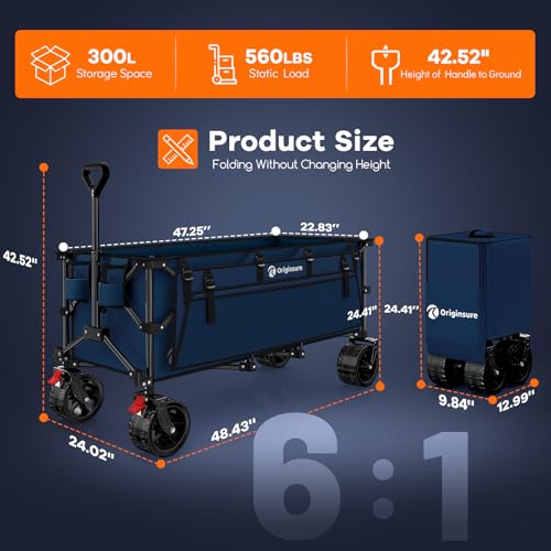 Originsure 300L Collapsible Beach Wagon Cart with Big Wheels, 560lbs, Blue - color: B-blue